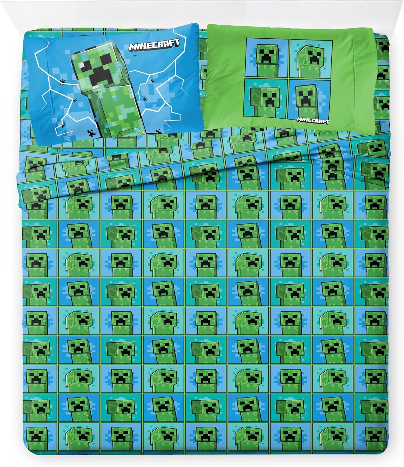 imageJay Franco Kids Comforter Set Includes Sheets and Pillow Covers Soft and Cozy Bed Set for Stylish Room Decor Blue Bluey amp Bingo 7 Piece QueenGreen Minecraft Creeper