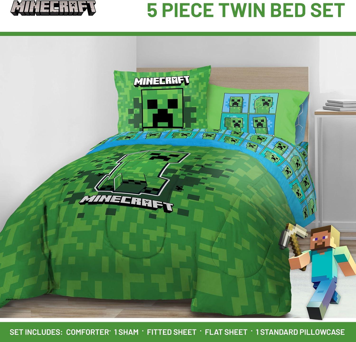 imageJay Franco Kids Comforter Set Includes Sheets and Pillow Covers Soft and Cozy Bed Set for Stylish Room Decor Blue Bluey amp Bingo 7 Piece QueenGreen Minecraft Creeper