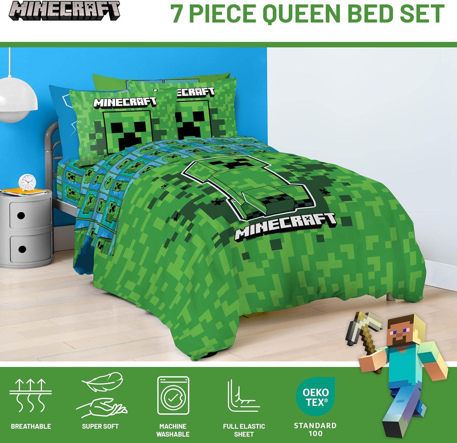 imageJay Franco Kids Comforter Set Includes Sheets and Pillow Covers Soft and Cozy Bed Set for Stylish Room Decor Blue Bluey amp Bingo 7 Piece QueenGreen Minecraft Creeper