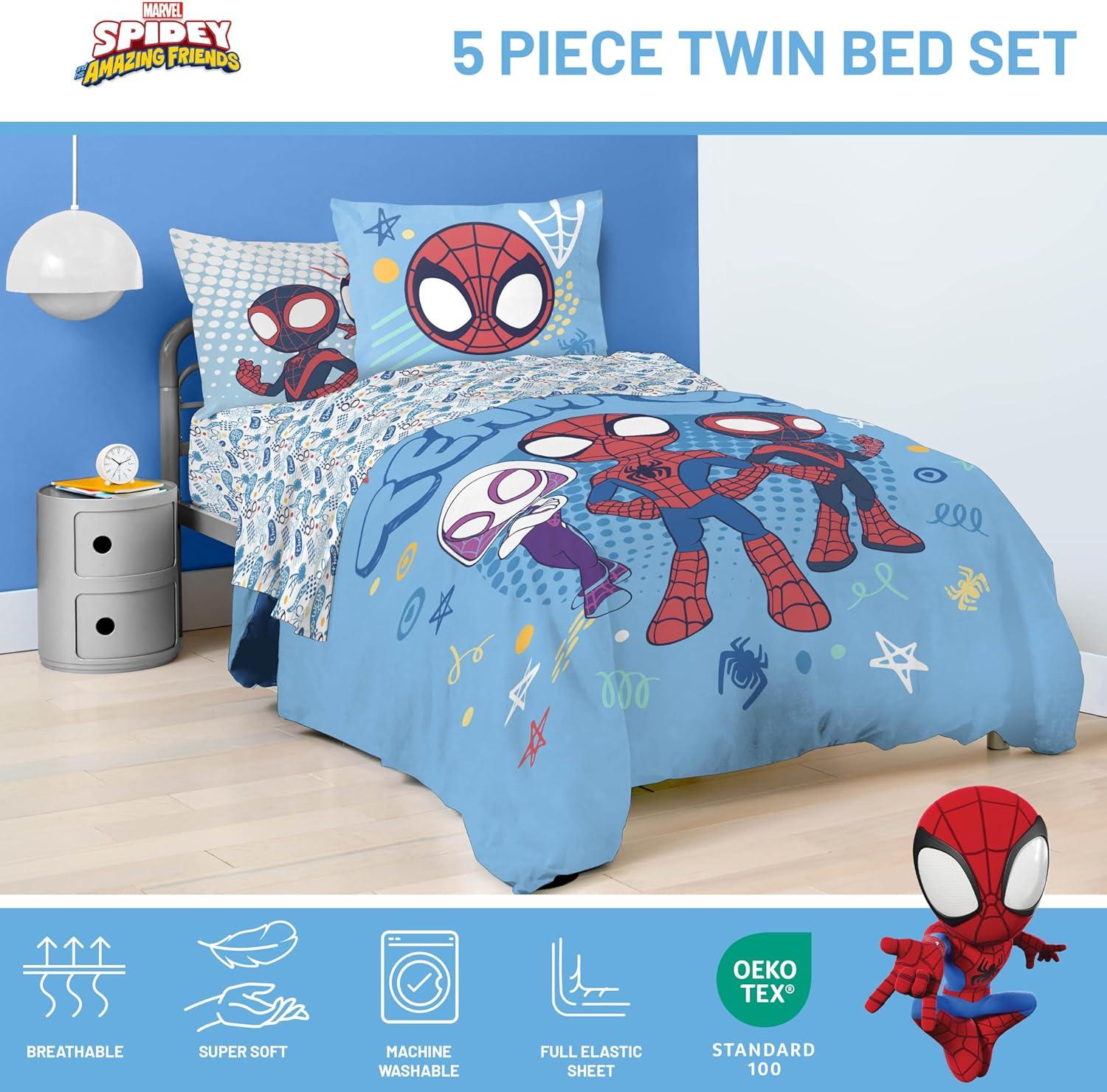 imageJay Franco Kids Comforter Set Includes Sheets and Pillow Covers Soft and Cozy Bed Set for Stylish Room Decor Blue Bluey amp Bingo 7 Piece QueenLight Blue Spidey His Amazing Friends