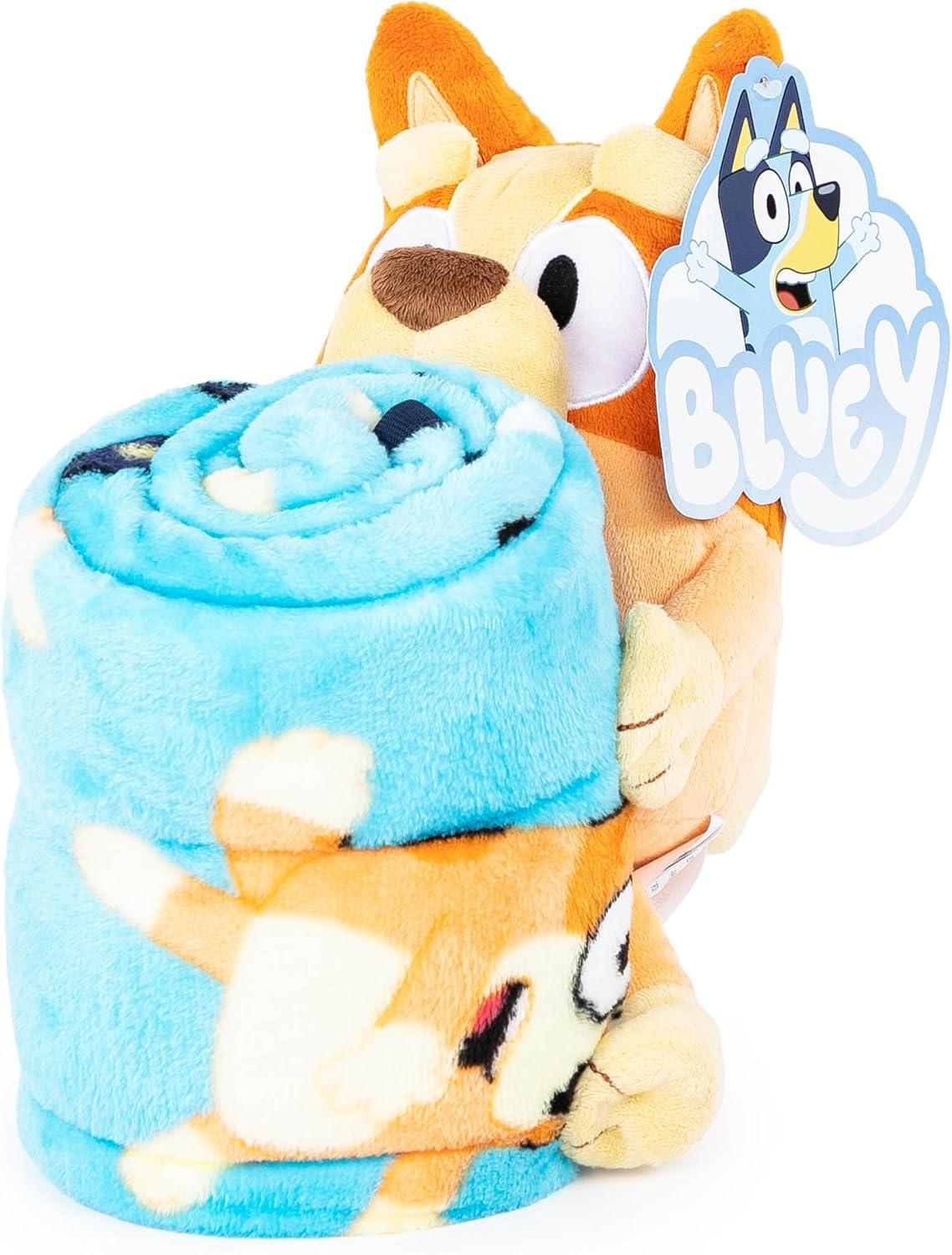 imageJay Franco Kids Plush Mini Pillow Buddy amp 40 x 50 Inch Travel Throw Set Kids Super Soft 2 Piece Cuddle Blanket Set BlueyBlue Bingo