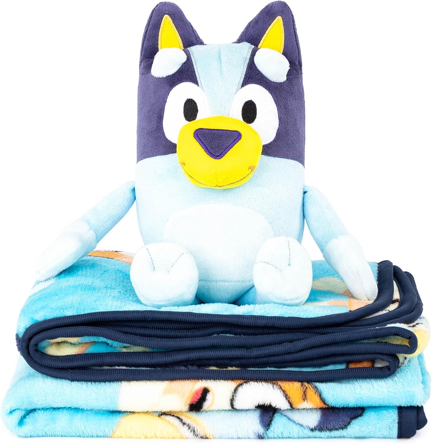 imageJay Franco Kids Plush Mini Pillow Buddy amp 40 x 50 Inch Travel Throw Set Kids Super Soft 2 Piece Cuddle Blanket Set BlueyBlue Bluey