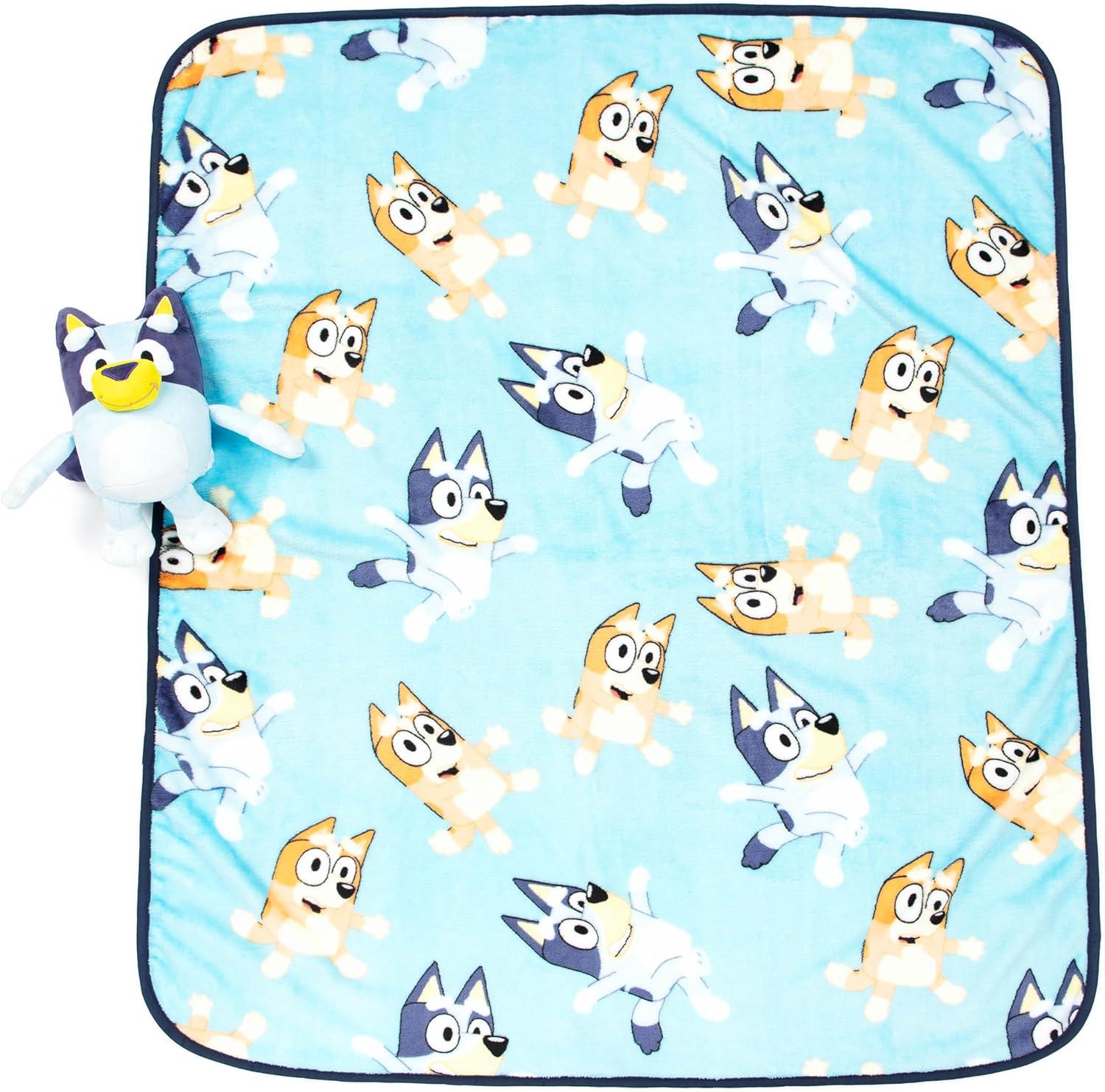 imageJay Franco Kids Plush Mini Pillow Buddy amp 40 x 50 Inch Travel Throw Set Kids Super Soft 2 Piece Cuddle Blanket Set BlueyBlue Bluey