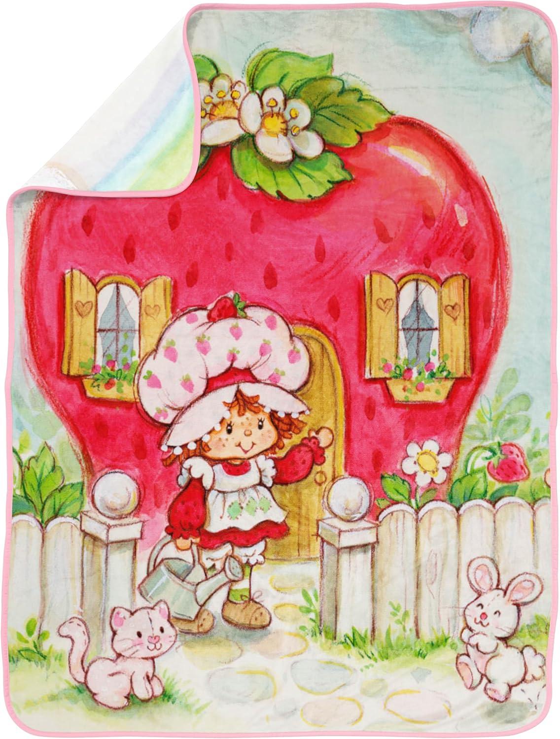 imageJay Franco Kids Plush Throw Blanket Soft amp Comfy Throw for Couch or Bed Cozy Home Dcor for Living Room amp Bedroom Pink Bluey 40x50 Travel BlanketMulti Strawberry Shortcake