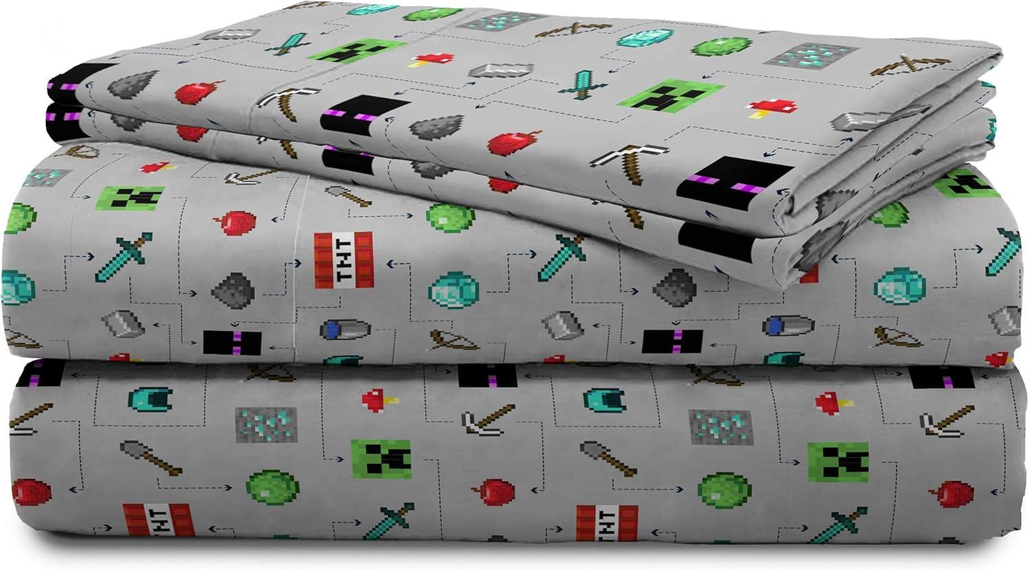 imageJay Franco Kids Sheet Set with Fitted Flat Sheets amp Pillow Cover UltraSoft Bedding with Pillowcase for Room Decor White Bluey 4 Piece FullGray Minecraft