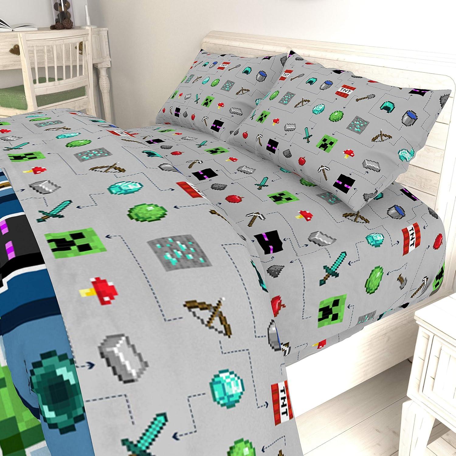 imageJay Franco Kids Sheet Set with Fitted Flat Sheets amp Pillow Cover UltraSoft Bedding with Pillowcase for Room Decor White Bluey 4 Piece FullGray Minecraft