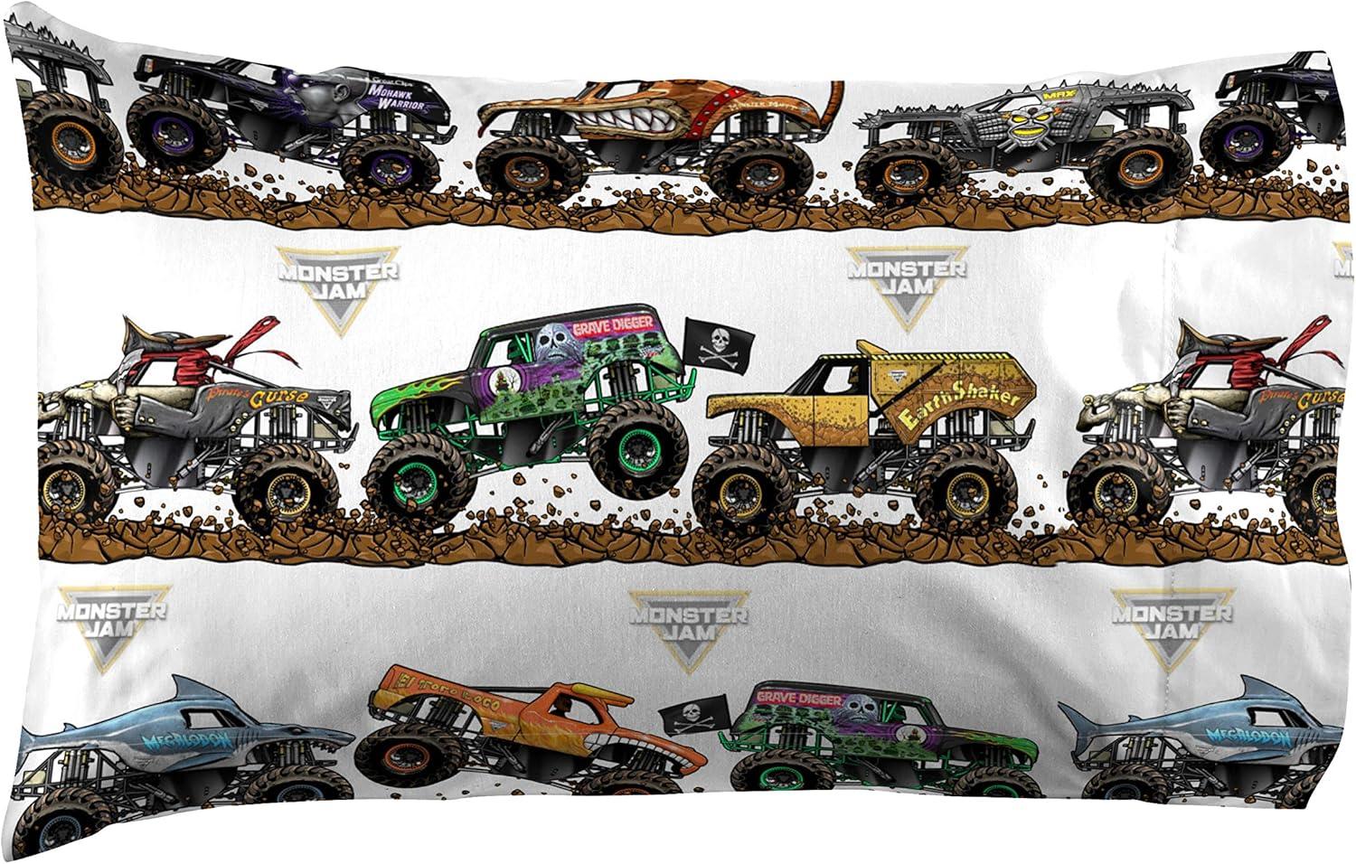 imageJay Franco Kids Sheet Set with Fitted Flat Sheets amp Pillow Cover UltraSoft Bedding with Pillowcase for Room Decor White Bluey 4 Piece FullMulti Monster Jam