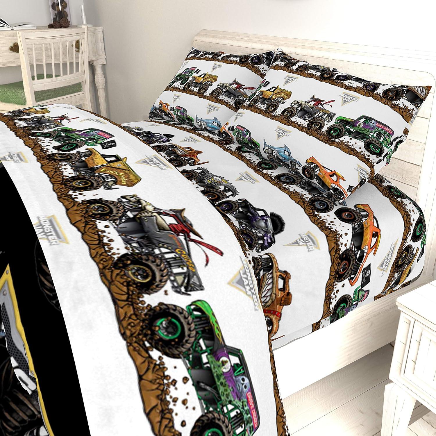 imageJay Franco Kids Sheet Set with Fitted Flat Sheets amp Pillow Cover UltraSoft Bedding with Pillowcase for Room Decor White Bluey 4 Piece FullMulti Monster Jam