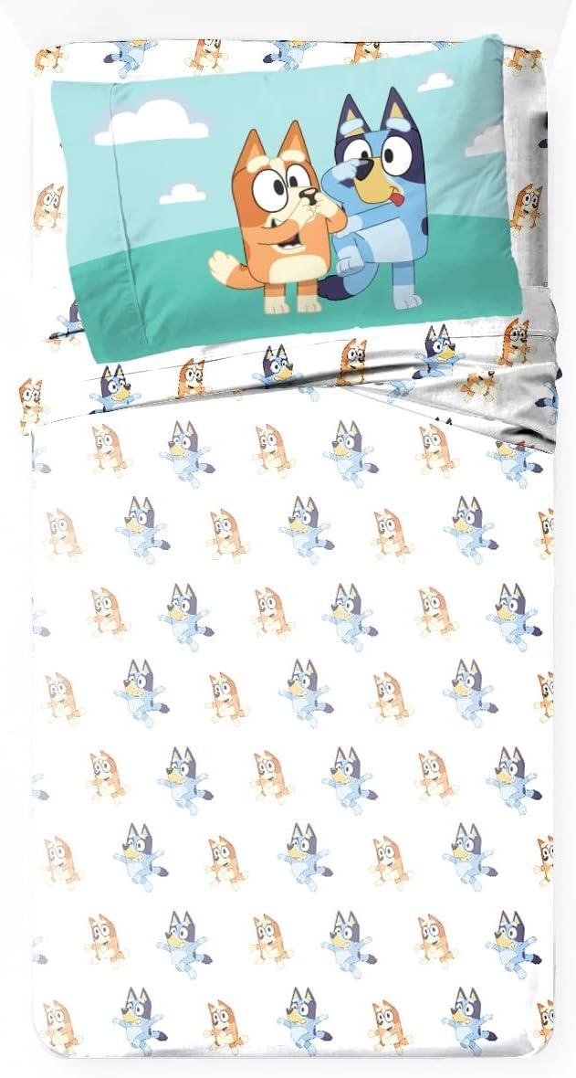 imageJay Franco Kids Sheet Set with Fitted Flat Sheets amp Pillow Cover UltraSoft Bedding with Pillowcase for Room Decor White Bluey 4 Piece FullWhite Bluey