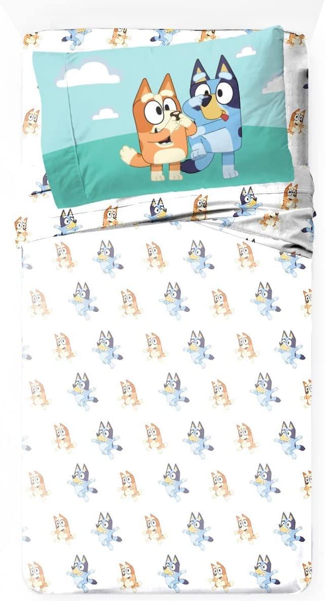 imageJay Franco Kids Sheet Set with Fitted Flat Sheets amp Pillow Cover UltraSoft Bedding with Pillowcase for Room Decor White Bluey 4 Piece FullWhite Bluey