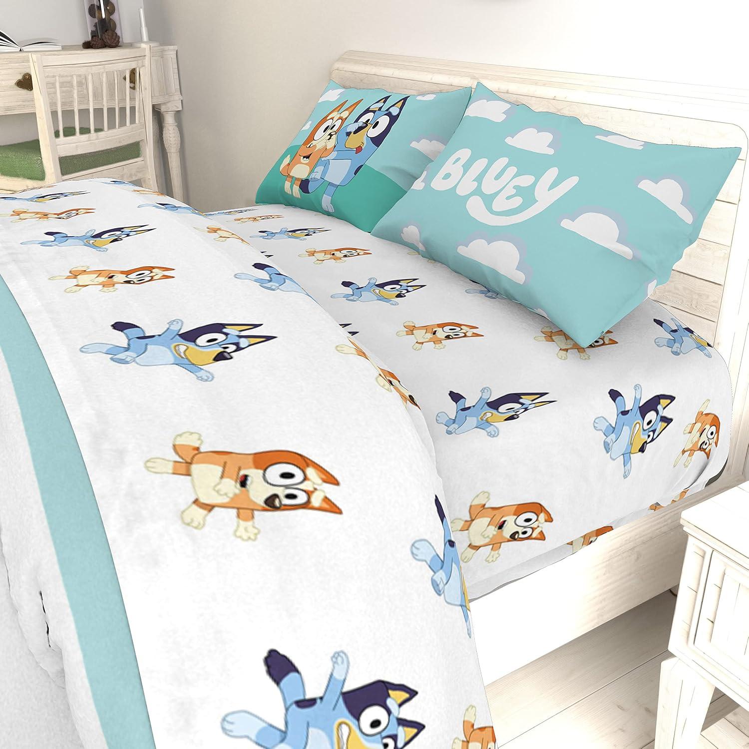 imageJay Franco Kids Sheet Set with Fitted Flat Sheets amp Pillow Cover UltraSoft Bedding with Pillowcase for Room Decor White Bluey 4 Piece FullWhite Bluey