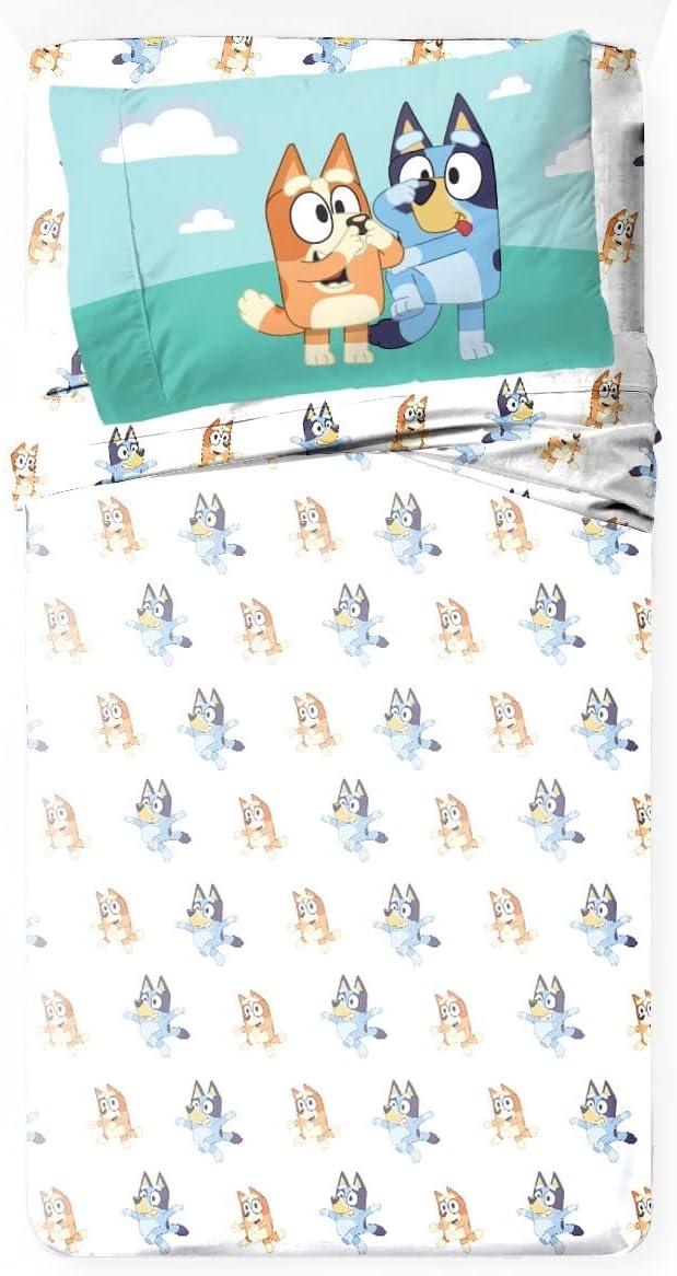 imageJay Franco Kids Sheet Set with Fitted Flat Sheets amp Pillow Cover UltraSoft Bedding with Pillowcase for Room Decor White Bluey 4 Piece FullWhite Bluey