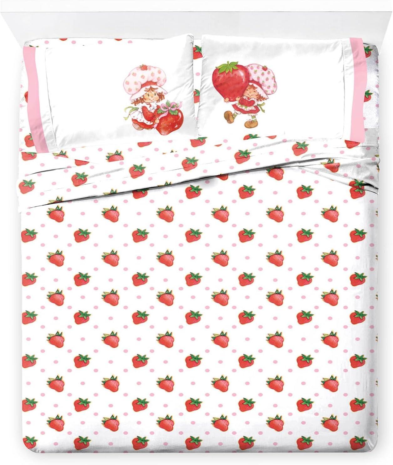 imageJay Franco Kids Sheet Set with Fitted Flat Sheets amp Pillow Cover UltraSoft Bedding with Pillowcase for Room Decor White Bluey 4 Piece FullWhite Strawberry Shortcake