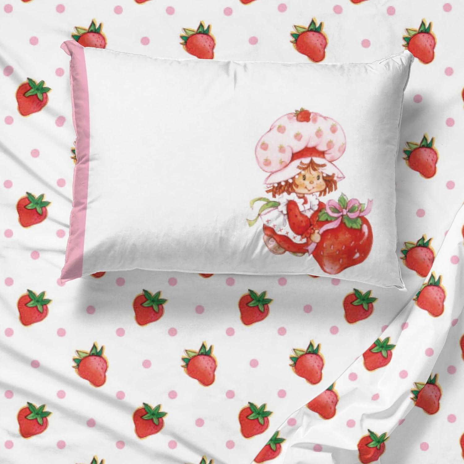 imageJay Franco Kids Sheet Set with Fitted Flat Sheets amp Pillow Cover UltraSoft Bedding with Pillowcase for Room Decor White Bluey 4 Piece FullWhite Strawberry Shortcake
