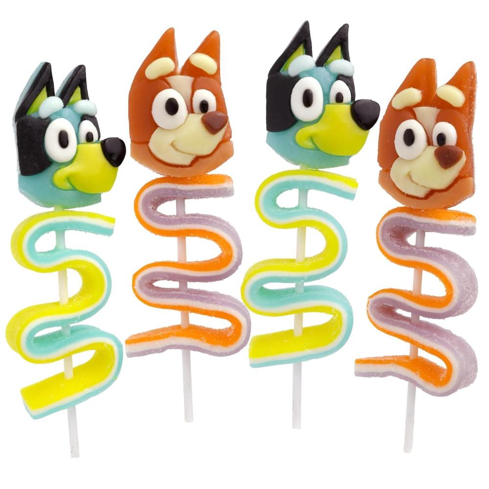 imageBluey and Bingo Gummy Lollipops Character Candy Skewers with Twisted Fruit Gummies Individually Wrapped Party Favor Treats 4 Pack