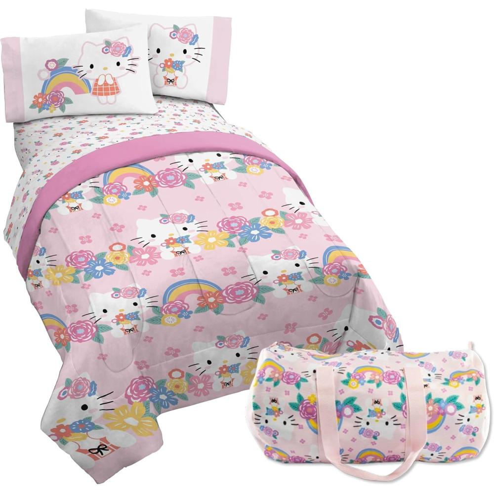 imageJay Franco Bluey Twin Size Comforter Set 4 Piece Bedding Includes Sheet Set Pillow Covers amp Bonus Duffle Bag Super Soft Kids Bedding with Bingo Muffin Coco amp SnickersPink Hello Kitty