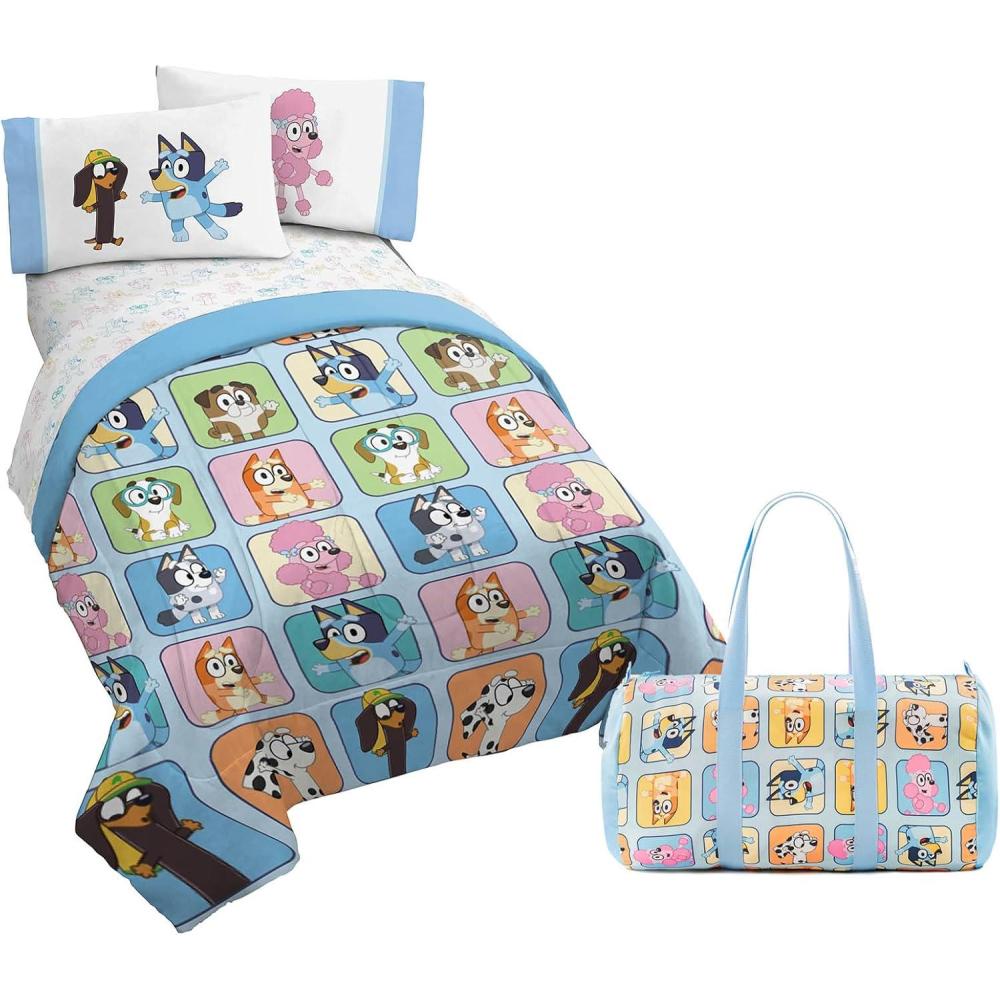 imageJay Franco Bluey Twin Size Comforter Set 4 Piece Bedding Includes Sheet Set Pillow Covers amp Bonus Duffle Bag Super Soft Kids Bedding with Bingo Muffin Coco amp SnickersMulti Bluey