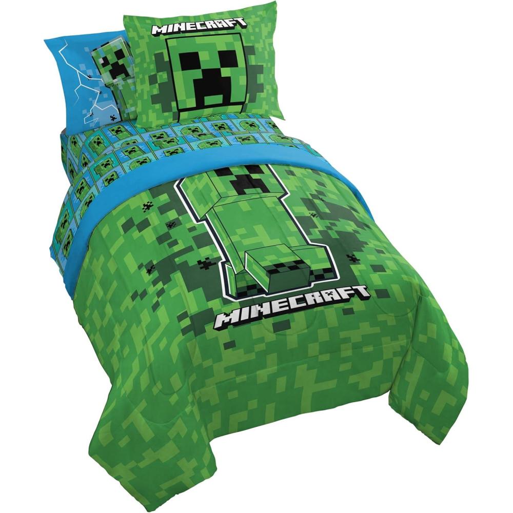 imageJay Franco Kids Comforter Set Includes Sheets and Pillow Covers Soft and Cozy Bed Set for Stylish Room Decor Blue Bluey amp Bingo 7 Piece QueenGreen Minecraft Creeper
