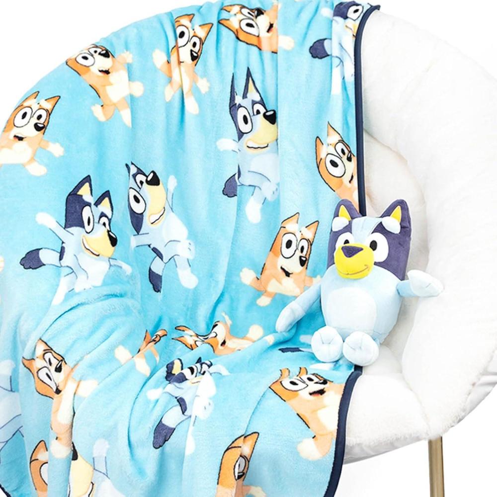 imageJay Franco Kids Plush Mini Pillow Buddy amp 40 x 50 Inch Travel Throw Set  Kids Super Soft 2 Piece Cuddle Blanket Set BlueyBlue  Bluey