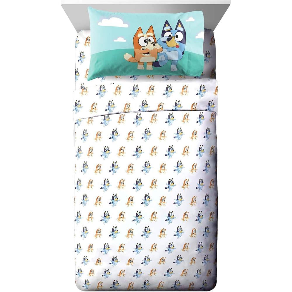 imageJay Franco Kids Sheet Set with Fitted Flat Sheets amp Pillow Cover UltraSoft Bedding with Pillowcase for Room Decor White Bluey 4 Piece FullWhite Bluey