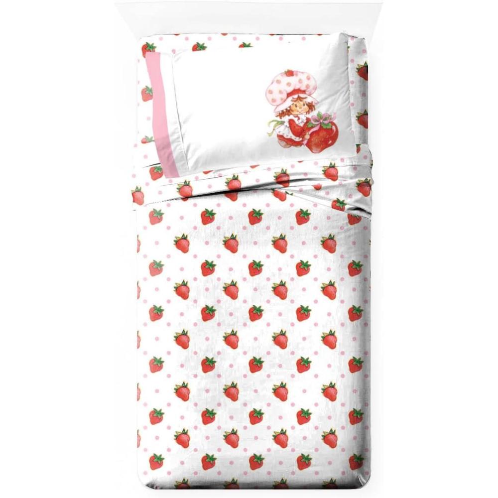 imageJay Franco Kids Sheet Set with Fitted Flat Sheets amp Pillow Cover UltraSoft Bedding with Pillowcase for Room Decor White Bluey 4 Piece FullWhite Strawberry Shortcake