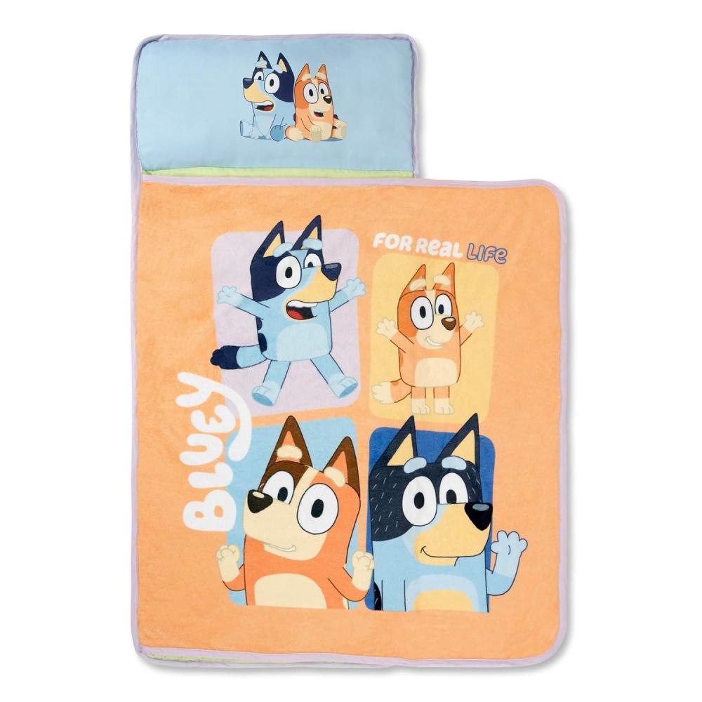 imageNoJo Bluey for Real Life Toddler Nap Mat Includes Attached Pillow and Fleece Blanket Orange and Blue