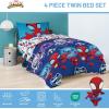 Jay Franco Bluey Twin Size Comforter Set – 4 Piece Bedding Includes Sheet Set, Pillow Covers & Bonus Duffle Bag – Super Soft Kids Bedding with Bingo, Muffin, Coco & Snickers(Blue – Spidey & Friends)