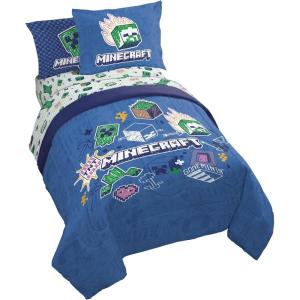 Jay Franco Kids Comforter Set Includes Sheets and Pillow Covers – Soft and Cozy Bed Set for Stylish Room Decor, Blue – Bluey & Bingo, 5 Piece Twin(Blue – Minecraft 02)