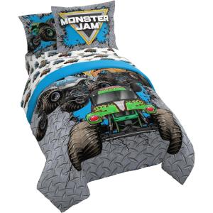 Jay Franco Kids Comforter Set Includes Sheets and Pillow Covers – Soft and Cozy Bed Set for Stylish Room Decor, Blue – Bluey & Bingo, 5 Piece Twin(Gray – Monster Jam 01)