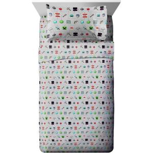 Jay Franco Kids Sheet Set with Fitted, Flat Sheets & Pillow Cover – Ultra-Soft Bedding with Pillowcase for Room Decor, White – Bluey, 4 Piece Full(Gray – Minecraft)