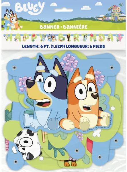 imageBluey Birthday Party Supplies Bundle includes Lunch Plates Lunch Napkins Table Cover Happy Birthday Banner Bundle for 16 with 1 Dinosaur Sticker Sheet