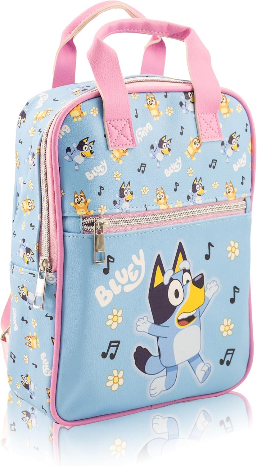 imageFast Forward Bluey Mini Backpack for Kids amp Adults 10 PU Leather Bluey Backpack Purse Featuring Bluey Toddler Travel Bag Small Backpack Bookbag for School Travel or Everyday Use Ages 3Bluey Blue and Pink