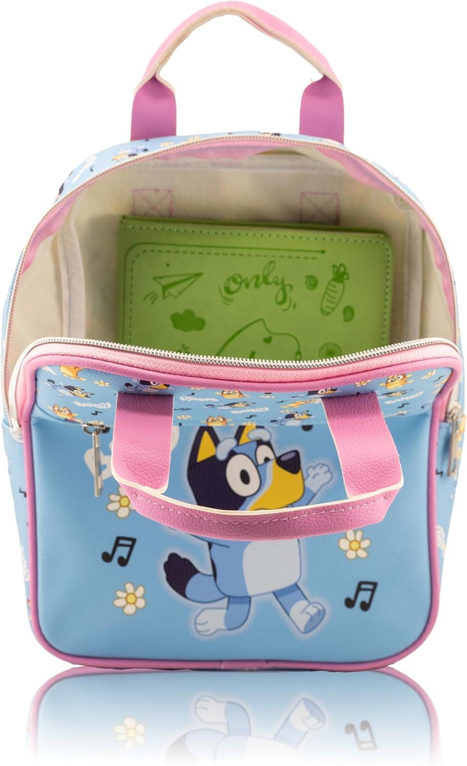 imageFast Forward Bluey Mini Backpack for Kids amp Adults 10 PU Leather Bluey Backpack Purse Featuring Bluey Toddler Travel Bag Small Backpack Bookbag for School Travel or Everyday Use Ages 3Bluey Blue and Pink