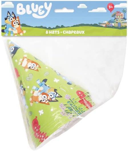 imageUnique Bluey Birthday Party Supplies Bundle Pack includes Party Cone Hats and 1 Dinosaur Sticker Sheet 16 Hats