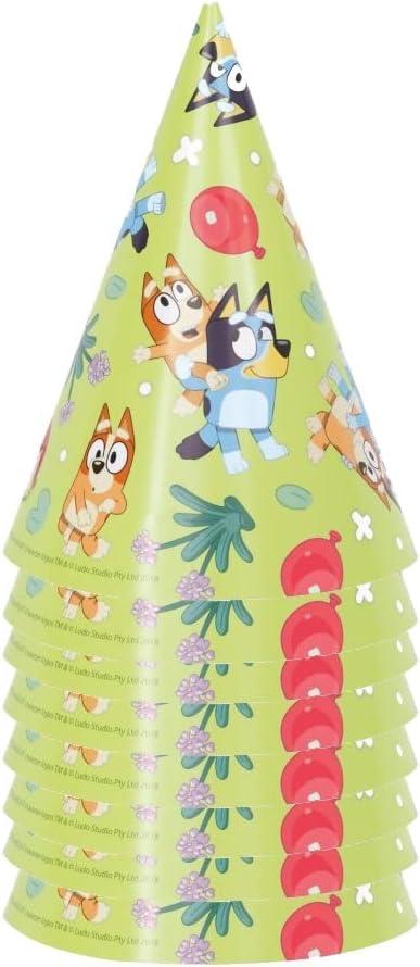 imageUnique Bluey Birthday Party Supplies Bundle Pack includes Party Cone Hats and 1 Dinosaur Sticker Sheet 16 Hats