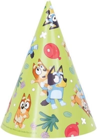 imageUnique Bluey Birthday Party Supplies Bundle Pack includes Party Cone Hats and 1 Dinosaur Sticker Sheet 16 Hats