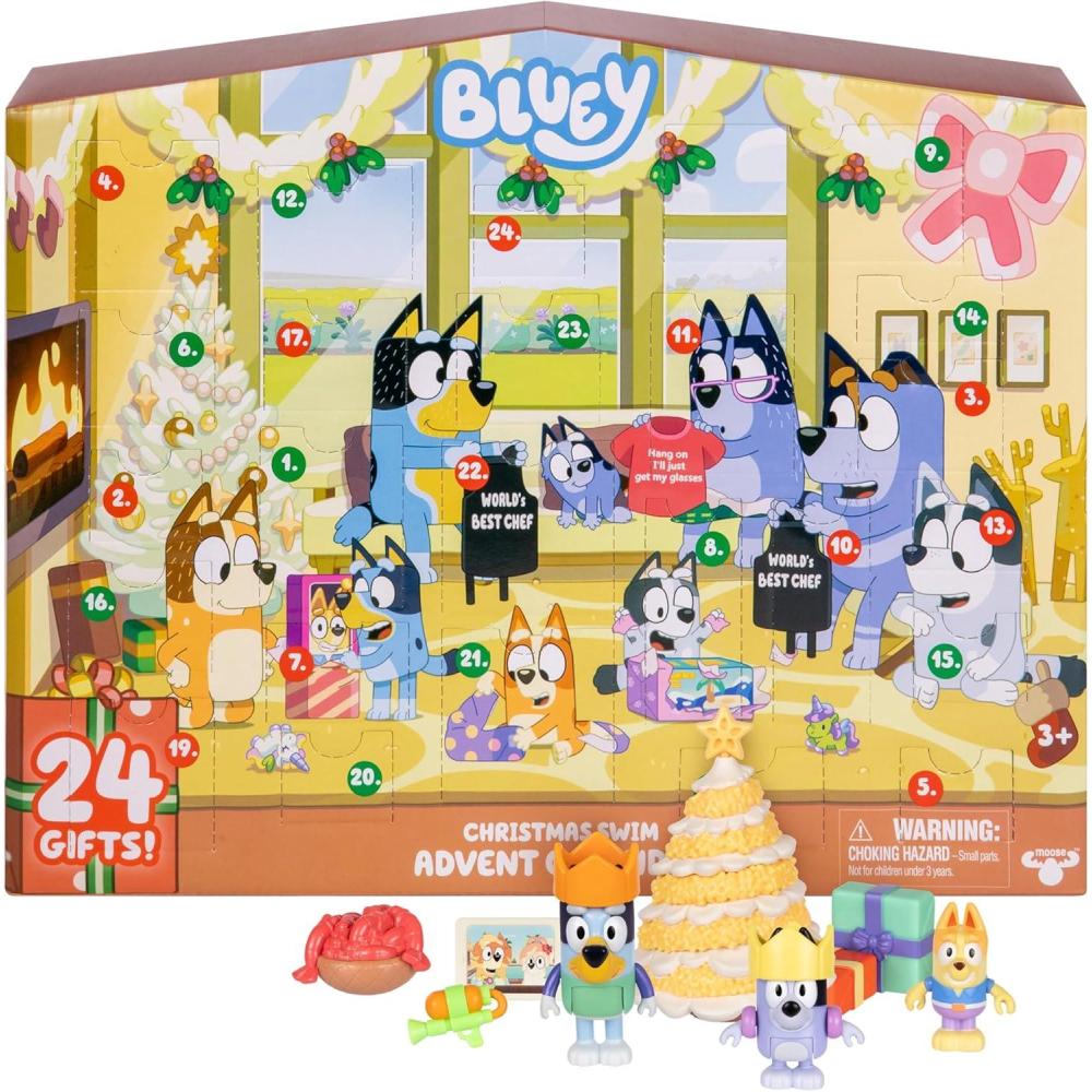 imageBluey Advent Calendar Pack Toys for Girls and Boys 24 Days of Surprises Kids 2025 Advent Calendar wAccessories Stickers amp Mini Christmas TreeAdvent Calendar Christmas Swim