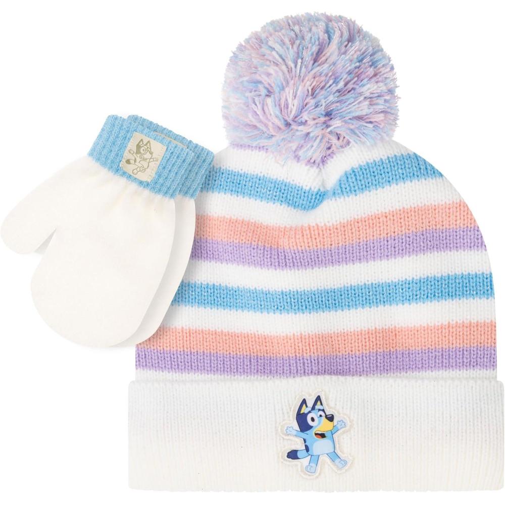 imageBluey Bandit and Chilli Toddler Hat with Winter Mittens for Kids Warm Winter Hat for Toddler with Kids Mittens Blue GreyLight Stripes