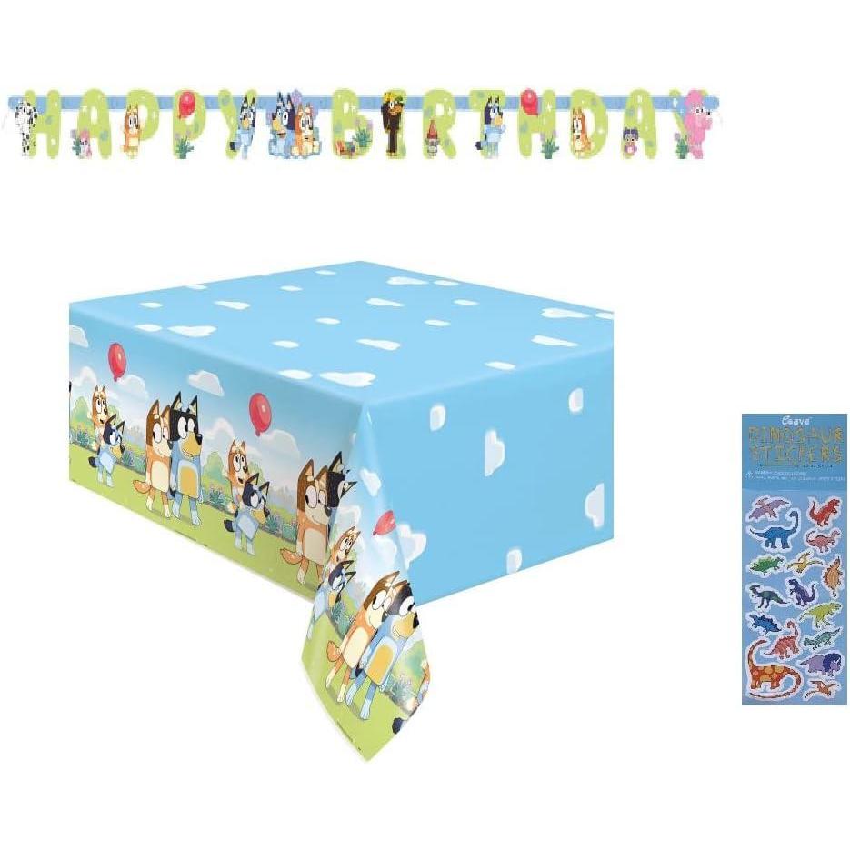 imageBluey Birthday Party Supplies Bundle includes Table Cover and Happy Birthday Banner and 1 Dinosaur Sticker Sheet 2 Pack Bundle