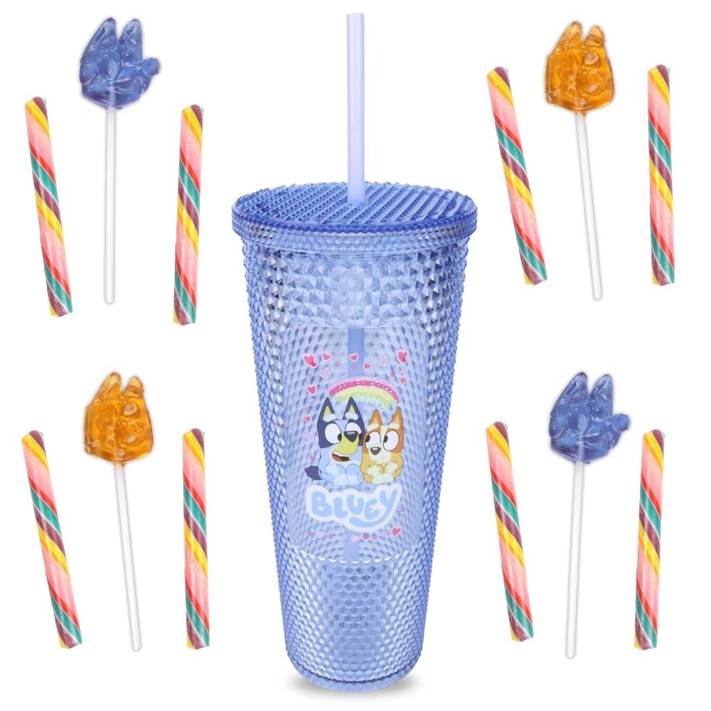 imageBluey Rhinestone Tumbler with Candy Sticks and Lollipops Inside Individually Wrapped Pieces 24 Ounces