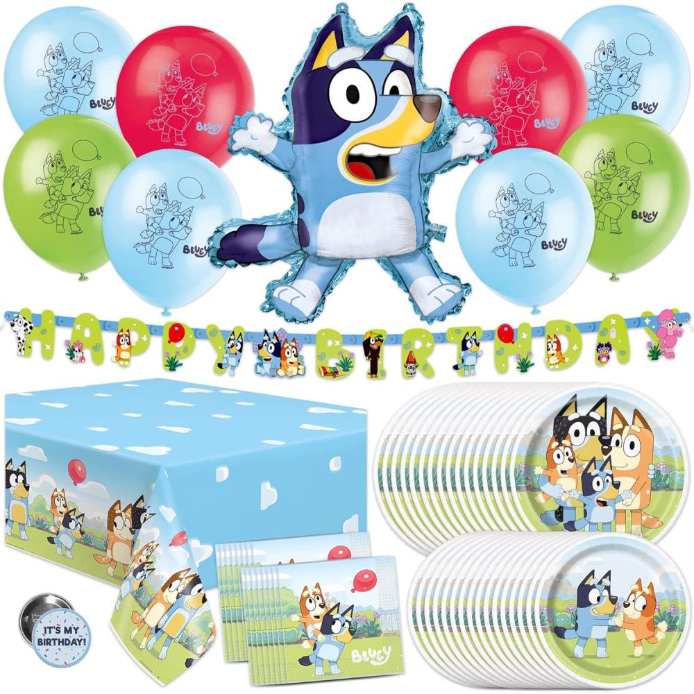 imageUnique Bluey Birthday Decorations  Bluey Party Decorations  Serves 16  Officially Licensed  Balloons Banner Tablecover Plates Napkins Button