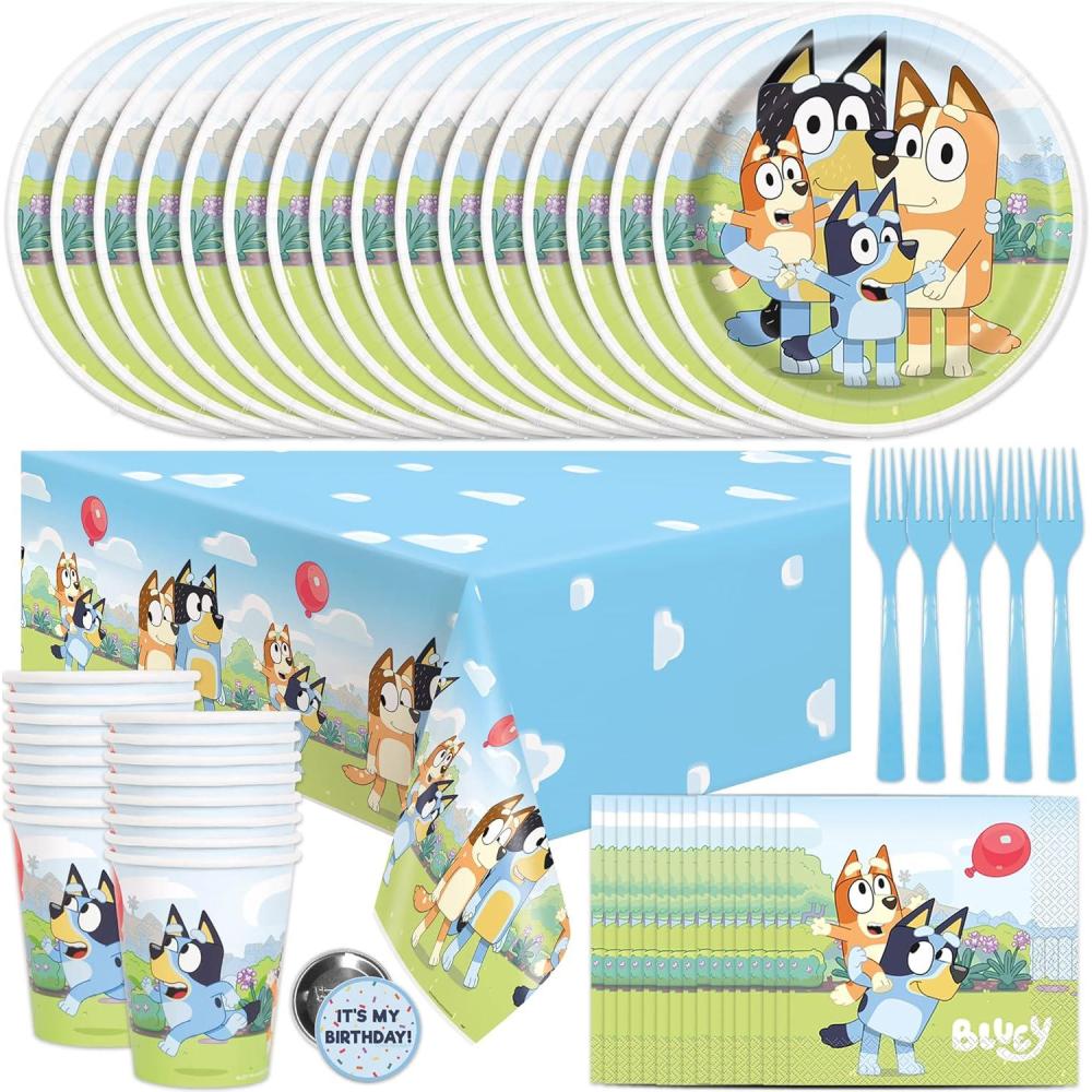 imageUnique Bluey Birthday Decorations Bluey Party Decorations Serves 16 Officially Licensed Tablecover Plates Cups Napkins Forks Button