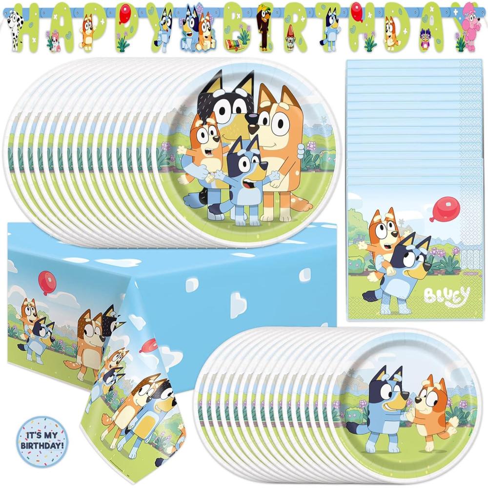 imageUnique Bluey Birthday Party Supplies  Serves 16 Guests  Officially Licensed Bluey Party Decorations  Banner Table Cloth Dinner amp Cake Plates Napkins Sticker
