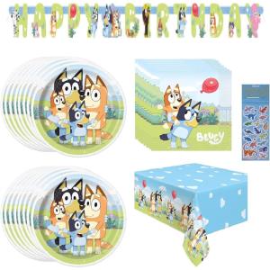 Bluey Birthday Party Supplies Bundle includes Lunch Plates, Lunch Napkins, Table Cover, Happy Birthday Banner (Bundle for 16 with 1 Dinosaur Sticker Sheet)