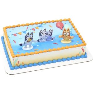 DecoSet® Bluey Dance Mode Cake Toppers, 3 Piece Cake Decoration With Bluey And Bingo Figurines and Muffin & Socks Poly Pic, For Birthday, Parties, Celebration(Cake Decoration)