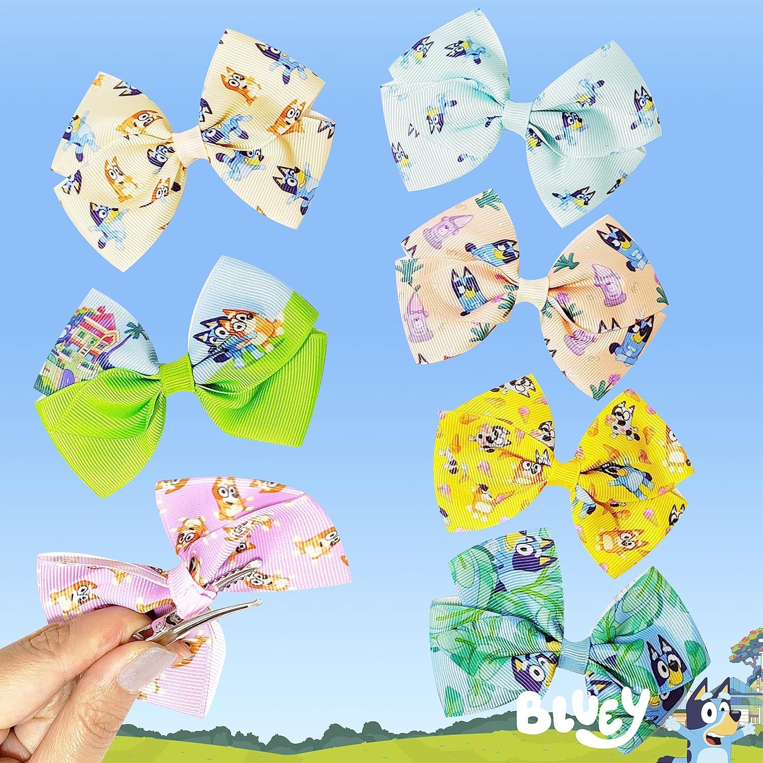 imageBaby Shark Kids Hair Bows Hair Accessories Gift Set 7 Pcs 4 Inch Bundle for Girls Different Character on each Clip Alligator Clip Ages 3 Bluey
