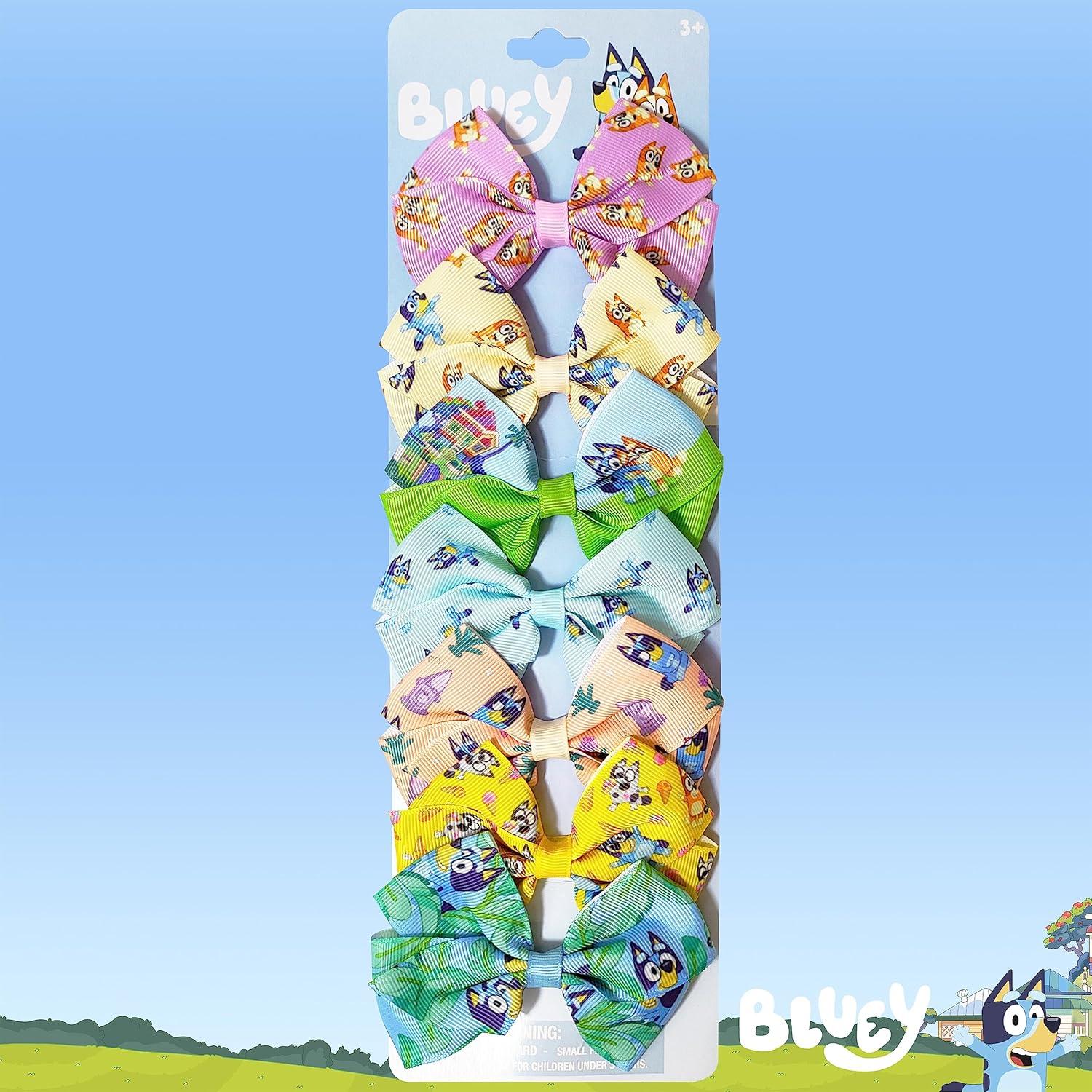 imageBaby Shark Kids Hair Bows Hair Accessories Gift Set 7 Pcs 4 Inch Bundle for Girls Different Character on each Clip Alligator Clip Ages 3 Bluey