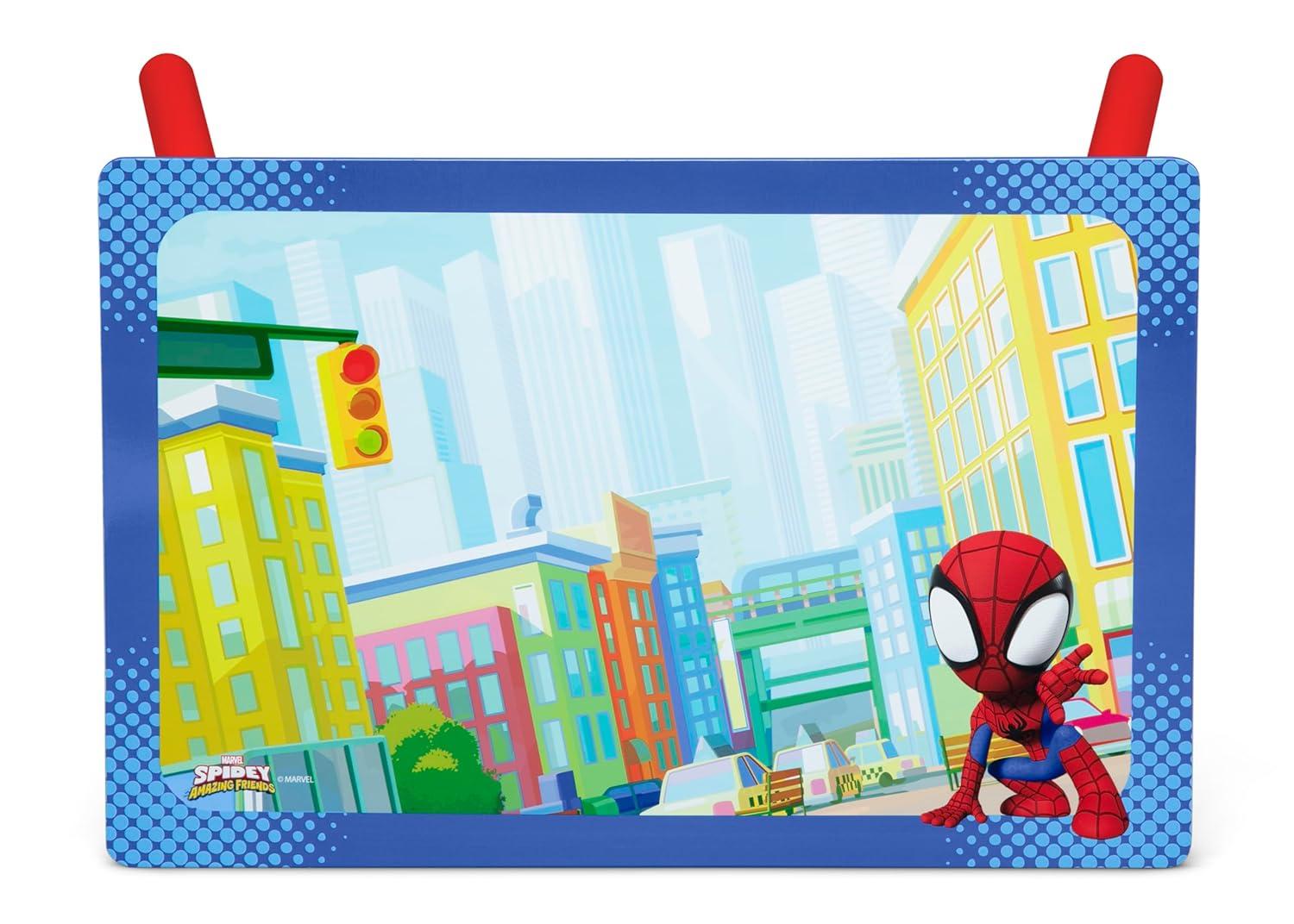 imageDelta Children Bluey 4Piece Toddler RoominaBox Set Includes Sleep and Play Toddler Bed Table 1 Chair and Fabric Toy Box BlueMarvel Spidey and His Amazing Friends