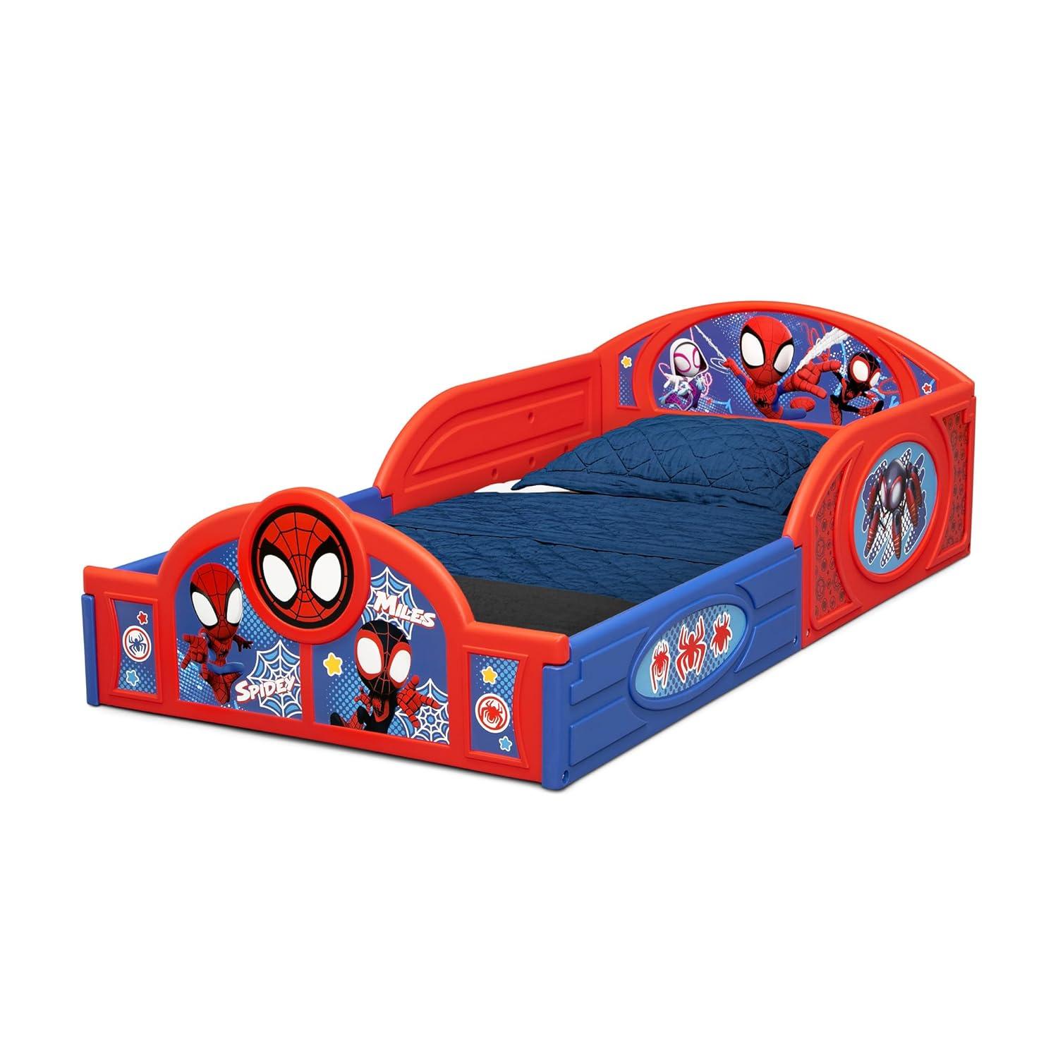 imageDelta Children Bluey 4Piece Toddler RoominaBox Set Includes Sleep and Play Toddler Bed Table 1 Chair and Fabric Toy Box BlueMarvel Spidey and His Amazing Friends