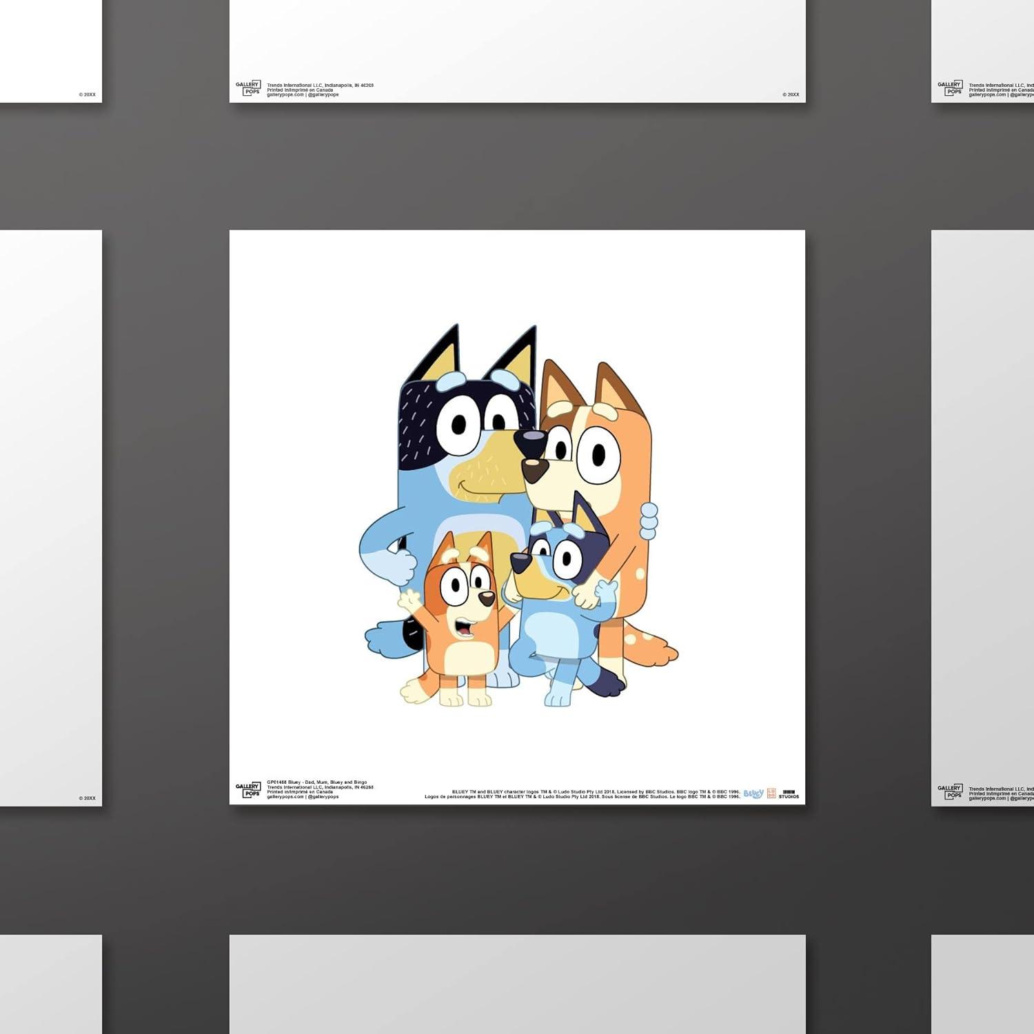 imageGallery Pops Bluey Dad Mum Bluey and Bingo Wall Art White Framed Version 12 x 12Unframed Version